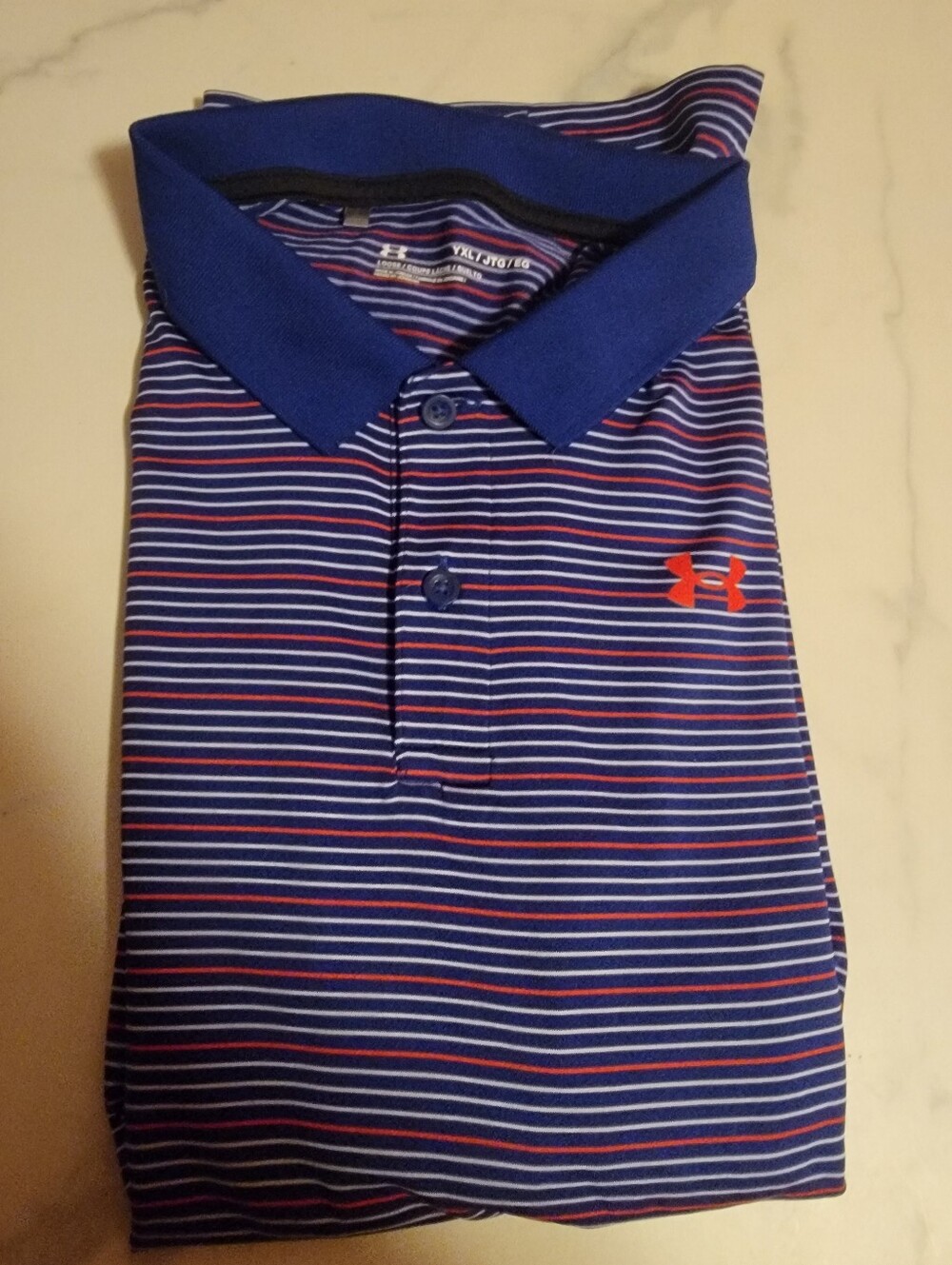 Under Armour Blue Striped Polo with Red Logo